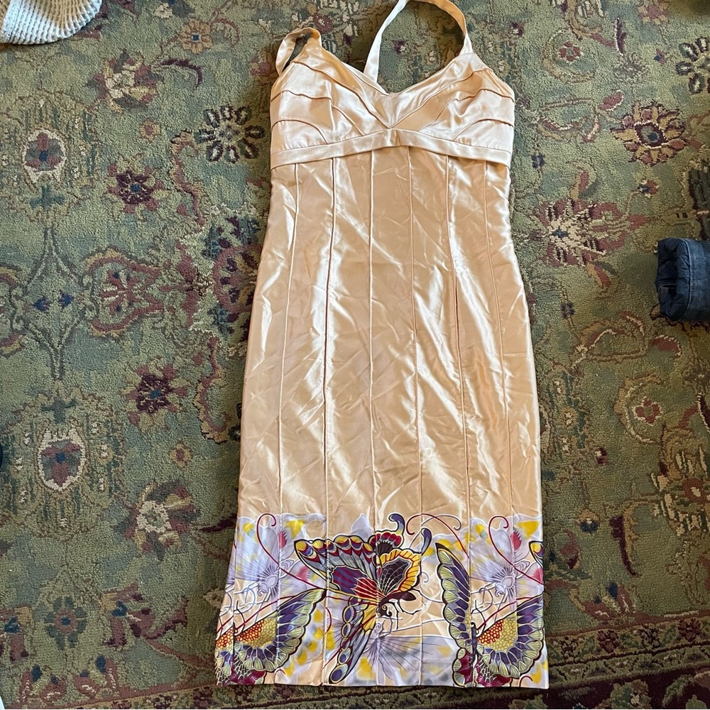Betsey Johnson vintage 100% silk gold butterfly dress